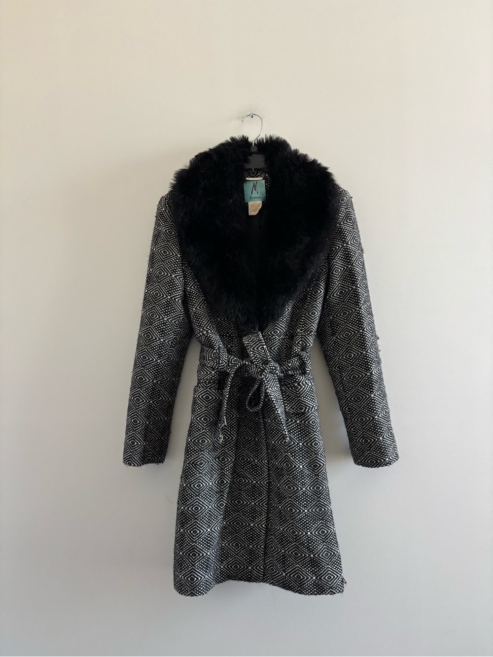 VTG Marciano Penny Lane Coat Jacket Tweed Wool Faux Fur Trim Womens L Retro 70s